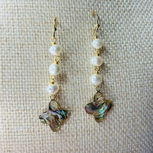 Handmade Freshwater pearl abalone shell clover drop earrings